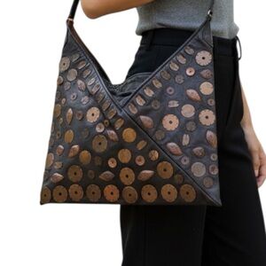 Brown Leather Applique Shoulder Bag with Circular Accent Details